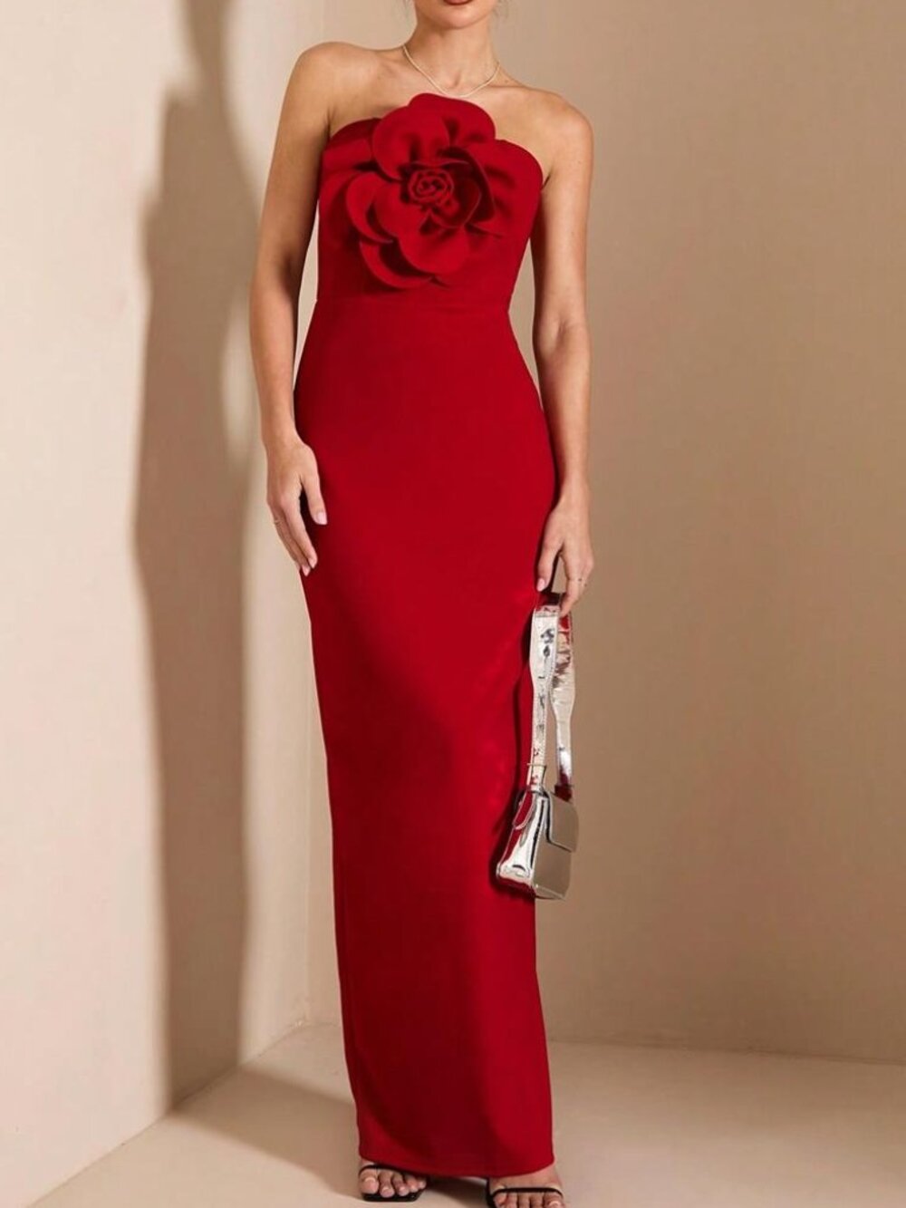 NEW Women's Sleeveless Red Maxi Dress,Elegant Summer 3D Flower Decoration
